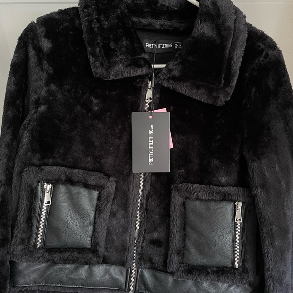 PrettyLittleThing Black Faux Fur Jacket with Leather Details - Picture 1 of 1